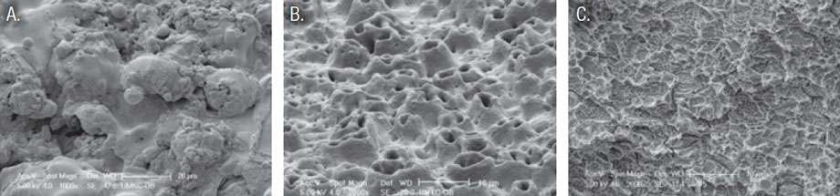 Figure 1: Untreated implant surfaces with no biofilm: (1A) HA plasma-spray coated. (1B) Untreated PTO. (1C) Untreated SA. Original magnification of x1,000; bar = 20 μm (1A); and x2,000; bar = 10 μm (1B, 1C)
